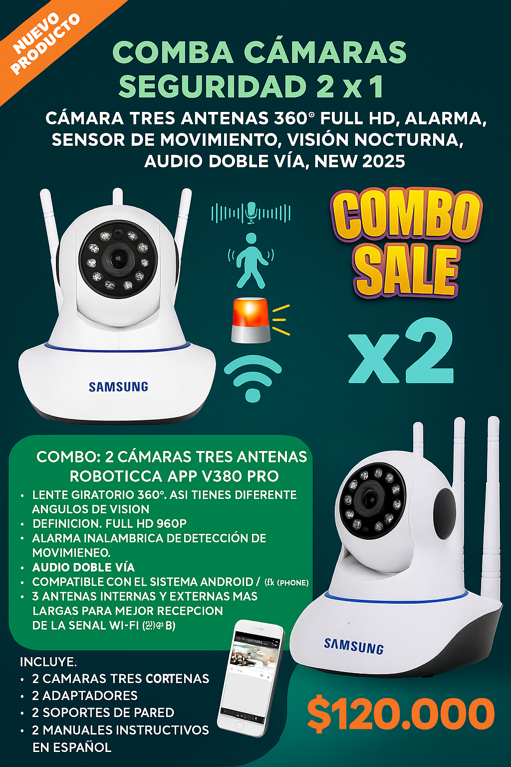 Kit 2 Camaras Seguridad Wifi Roboticas