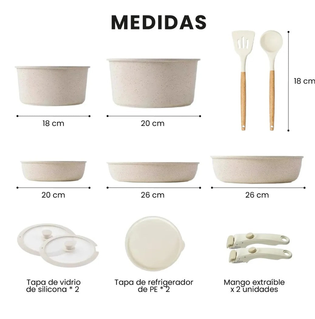 Set de ollas granito premium - detalle mango extraible