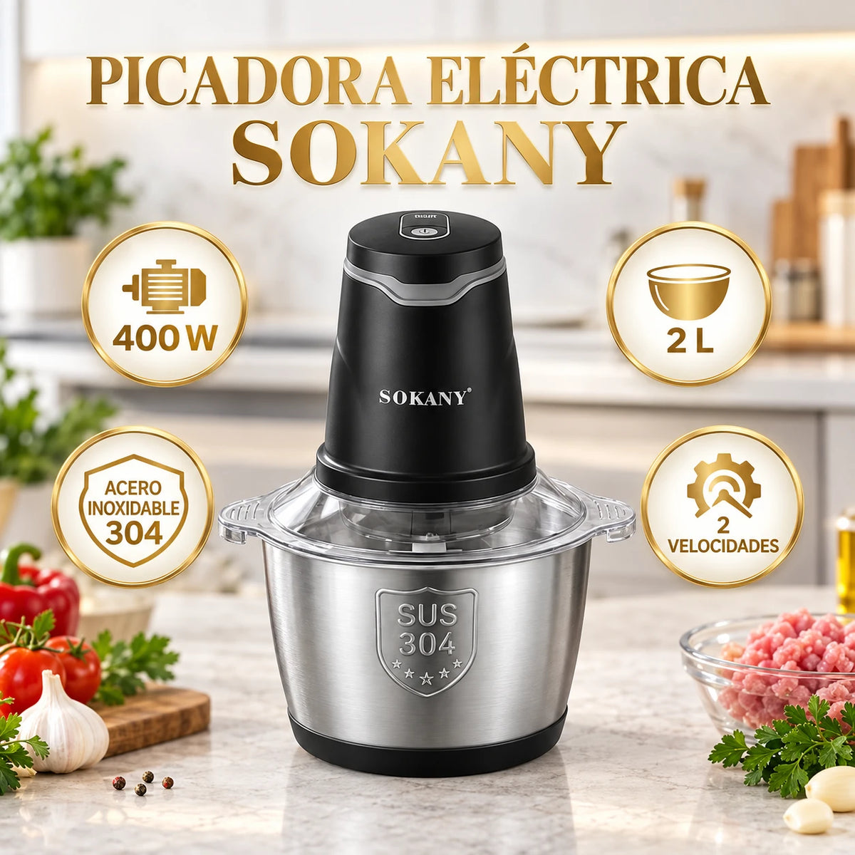 Picadora eléctrica Sokany 400 W con recipiente de acero inoxidable 304 de 2 L
