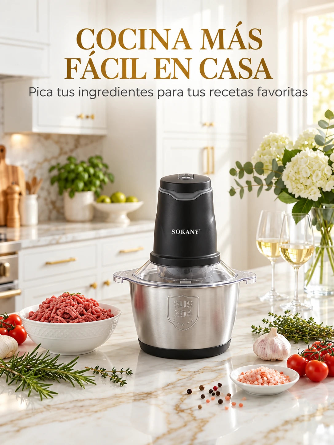 Picadora eléctrica Sokany sobre el mesón de una cocina con ingredientes frescos